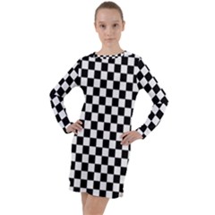 Pattern Checkered Squares Black White Pattern Long Sleeve Hoodie Dress by Sabxi