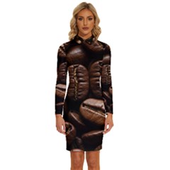 Coffee Beans Long Sleeve Shirt Collar Bodycon Dress by Sabxi
