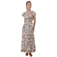 Mix Animal Faces Flutter Sleeve Maxi Dress by DinkovaArt