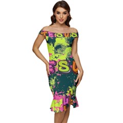 Neon Jesus 8375771 Off Shoulder Ruffle Split Hem Bodycon Dress by Jabberwonkers