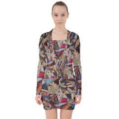 Background Embroidery Pattern Stitches Abstract V-neck Bodycon Long Sleeve Dress by Ket1n9