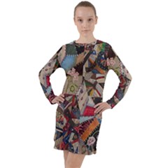 Background Embroidery Pattern Stitches Abstract Long Sleeve Hoodie Dress by Ket1n9