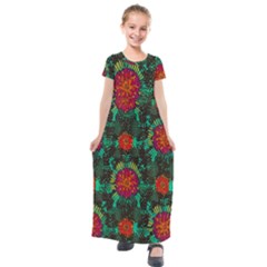 Mid Century Retro Floral 1970s 1960s Pattern 72 Kids  Short Sleeve Maxi Dress by violetheavensky