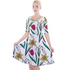 Flowers Bloom Pattern Spring Quarter Sleeve A-line Dress by Tsamara