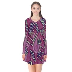 Abstract Art Pattern Design Background Long Sleeve V-neck Flare Dress by Grandong