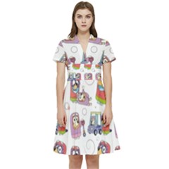 Bluey, Bluey Merch, Bluey Pattern, Bluey Bluey, Bingo, Bluey Design, Bluey Dog Short Sleeve Waist Detail Dress by avitendut