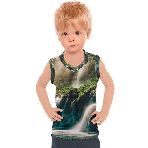 Waterfall Rocks Jungle Forest Kids  Sport Tank Top by Anend