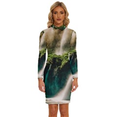 Waterfall Rocks Jungle Forest Long Sleeve Shirt Collar Bodycon Dress by Anend