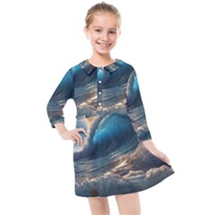 Ocean Sea Waves Kids  Quarter Sleeve Shirt Dress by Anend
