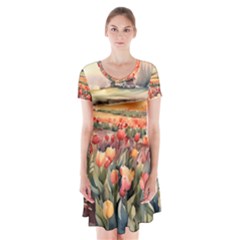 Tulips Field Tree Short Sleeve V-neck Flare Dress by Anend