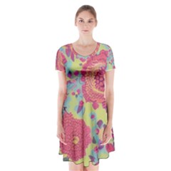 Mid Century Retro Floral 1970s 1960s Pattern 82 Short Sleeve V-neck Flare Dress by violetheavensky