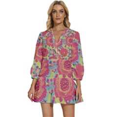 Mid Century Retro Floral 1970s 1960s Pattern 82 V-neck Placket Mini Dress by violetheavensky