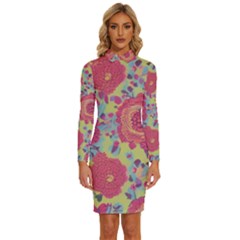 Mid Century Retro Floral 1970s 1960s Pattern 82 Long Sleeve Shirt Collar Bodycon Dress by violetheavensky
