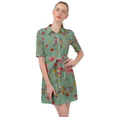 Mid Century Retro Floral 1970s 1960s Pattern 79 Belted Shirt Dress by violetheavensky