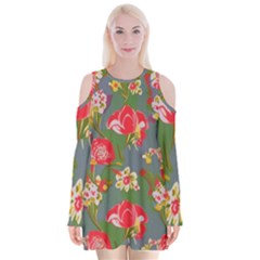 Mid Century Retro Floral 1970s 1960s Pattern 83 Velvet Long Sleeve Shoulder Cutout Dress by violetheavensky