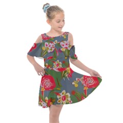 Mid Century Retro Floral 1970s 1960s Pattern 83 Kids  Shoulder Cutout Chiffon Dress by violetheavensky