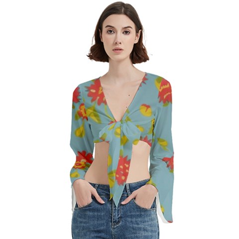 Mid Century Retro Floral 1970s 1960s Pattern 78 Trumpet Sleeve Cropped Top by violetheavensky