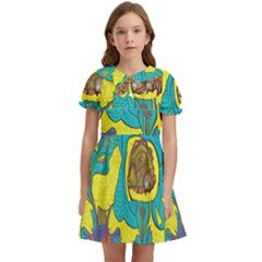 Mid Century Retro Floral 1970s 1960s Pattern 60 Kids  Bow Tie Puff Sleeve Dress by violetheavensky