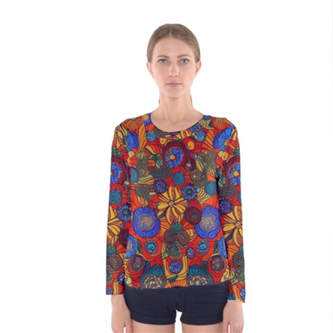 Mid Century Retro Floral 1970s 1960s Pattern 69 Women s Long Sleeve T-shirt by violetheavensky