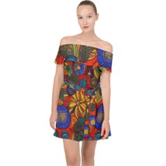 Mid Century Retro Floral 1970s 1960s Pattern 69 Off Shoulder Chiffon Dress by violetheavensky