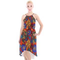 Mid Century Retro Floral 1970s 1960s Pattern 69 High-low Halter Chiffon Dress  by violetheavensky
