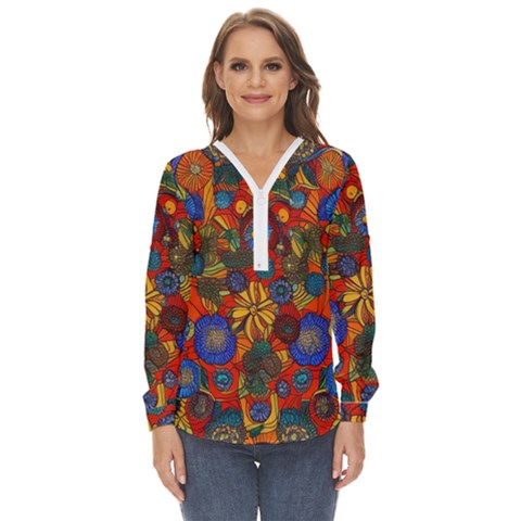 Mid Century Retro Floral 1970s 1960s Pattern 69 Zip Up Long Sleeve Blouse by violetheavensky