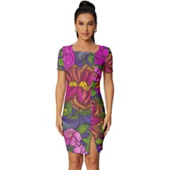 Mid Century Retro Floral 1970s 1960s Pattern 55 Fitted Knot Split End Bodycon Dress by violetheavensky