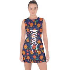 Mid Century Retro Floral 1970s 1960s Pattern 61 Lace Up Front Bodycon Dress by violetheavensky