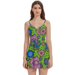 Mid Century Retro Floral 1970s 1960s Pattern 59 Body Wrap Sleeveless V-neck Mini Dress by violetheavensky
