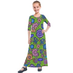 Mid Century Retro Floral 1970s 1960s Pattern 59 Kids  Quarter Sleeve Maxi Dress by violetheavensky