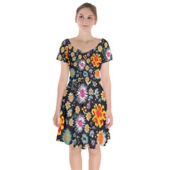 Mid Century Retro Floral 1970s 1960s Pattern 57 Short Sleeve Bardot Dress by violetheavensky