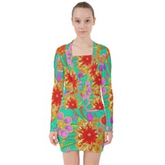 Mid Century Retro Floral 1970s 1960s Pattern 58 V-neck Bodycon Long Sleeve Dress by violetheavensky