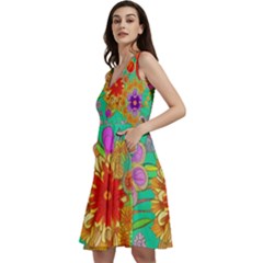 Mid Century Retro Floral 1970s 1960s Pattern 58 Sleeveless V-neck Skater Dress With Pockets by violetheavensky