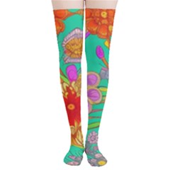 Mid Century Retro Floral 1970s 1960s Pattern 58 Thigh High Stockings by violetheavensky
