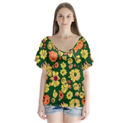 Mid Century Retro Floral 1970s 1960s Pattern 68 V-neck Flutter Sleeve Top by violetheavensky