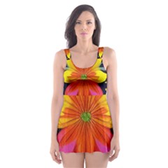 Mid Century Retro Floral 1970s 1960s Pattern 54 Skater Dress Swimsuit by violetheavensky
