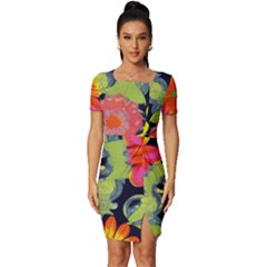 Mid Century Retro Floral 1970s 1960s Pattern 54 Fitted Knot Split End Bodycon Dress by violetheavensky