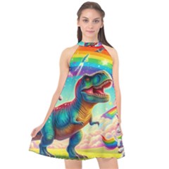 Trex/unicorns Halter Neckline Chiffon Dress  by RainbowTyrannosaurus