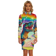 Trex/unicorns Long Sleeve Shirt Collar Bodycon Dress by RainbowTyrannosaurus