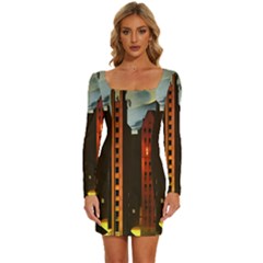 Sci-fi Futuristic Science Fiction City Neon Scene Artistic Technology Machine Fantasy Gothic Town Bu Long Sleeve Square Neck Bodycon Velvet Dress by Posterlux