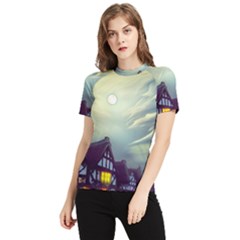Village Moon Cloudy Historical Tudor Architecture Houses Town Night Windows City Women s Short Sleeve Rash Guard by Posterlux