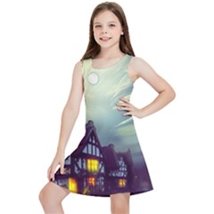 Village Moon Cloudy Historical Tudor Architecture Houses Town Night Windows City Kids  Lightweight Sleeveless Dress by Posterlux