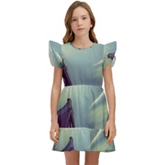 Village Moon Cloudy Historical Tudor Architecture Houses Town Night Windows City Kids  Winged Sleeve Dress by Posterlux