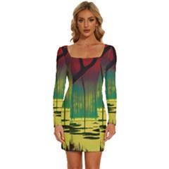 Nature Swamp Water Sunset Spooky Night Reflections Bayou Lake Long Sleeve Square Neck Bodycon Velvet Dress by Posterlux