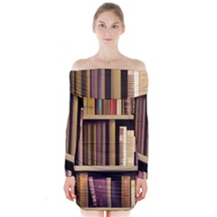 Books Bookshelves Office Fantasy Background Artwork Book Cover Apothecary Book Nook Literature Libra Long Sleeve Off Shoulder Dress by Posterlux