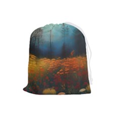 Wildflowers Field Outdoors Clouds Trees Cover Art Storm Mysterious Dream Landscape Drawstring Pouch (large) by Posterlux