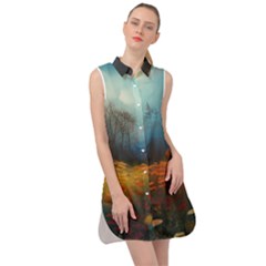 Wildflowers Field Outdoors Clouds Trees Cover Art Storm Mysterious Dream Landscape Sleeveless Shirt Dress by Posterlux