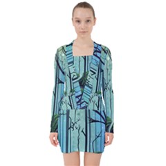 Nature Outdoors Night Trees Scene Forest Woods Light Moonlight Wilderness Stars V-neck Bodycon Long Sleeve Dress by Posterlux