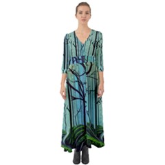 Nature Outdoors Night Trees Scene Forest Woods Light Moonlight Wilderness Stars Button Up Boho Maxi Dress by Posterlux