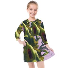 Outdoors Night Full Moon Setting Scene Woods Light Moonlight Nature Wilderness Landscape Kids  Quarter Sleeve Shirt Dress by Posterlux